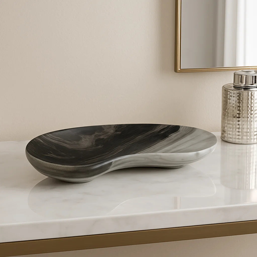 Decorative Curved Marble Tray for Coffee Table Decor - Casual Home Decor Accent Tray for Ottoman, Jewelry, Trinket, or Kitchen Counter - 19", Black