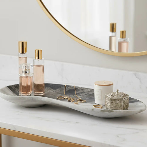 Decorative Curved Marble Tray for Coffee Table Decor - Casual Home Decor Accent Tray for Ottoman, Jewelry, Trinket, or Kitchen Counter - 19", Black